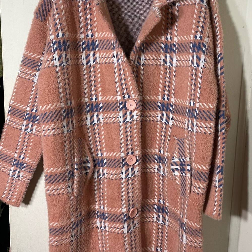 FYCOOKY Pink Plaid Button Up Double Breasted Outerwear Coat